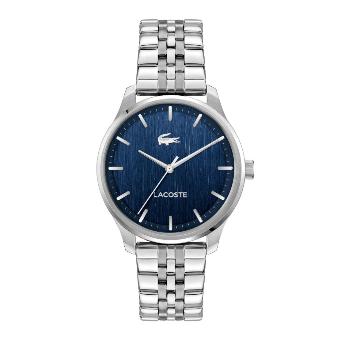Lacoste stainless steel watch with a blue dial and silver link bracelet, shown on a plain white background.
