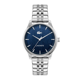 Lacoste stainless steel watch with a blue dial and silver link bracelet, shown on a plain white background.