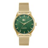 A Lacoste watch with a round green dial, gold-tone case, and a matching gold-tone mesh strap, shown against a plain white background.
