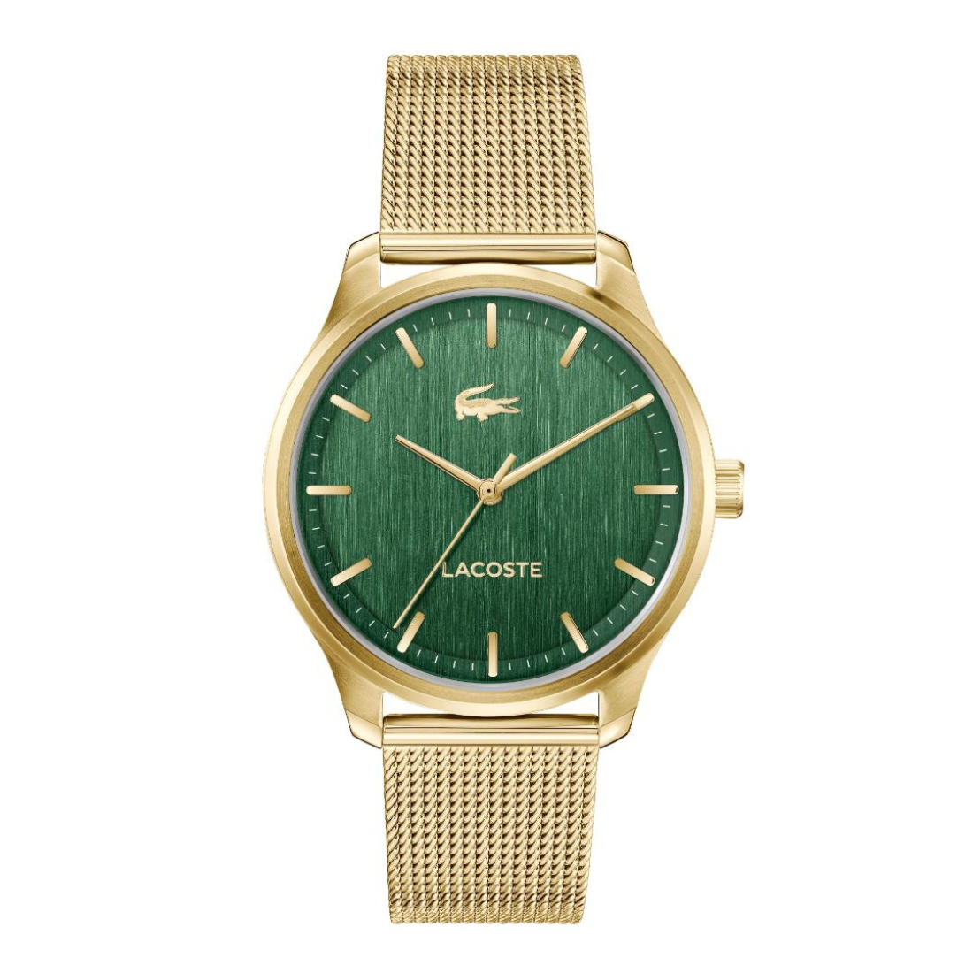 A Lacoste watch with a round green dial, gold-tone case, and a matching gold-tone mesh strap, shown against a plain white background.