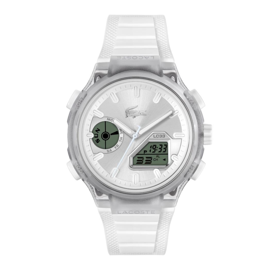 Lacoste LC59 watch featuring a translucent white resin case, a white textured strap, and a white dial with analog and digital displays.
