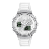 Lacoste LC59 watch featuring a translucent white resin case, a white textured strap, and a white dial with analog and digital displays.