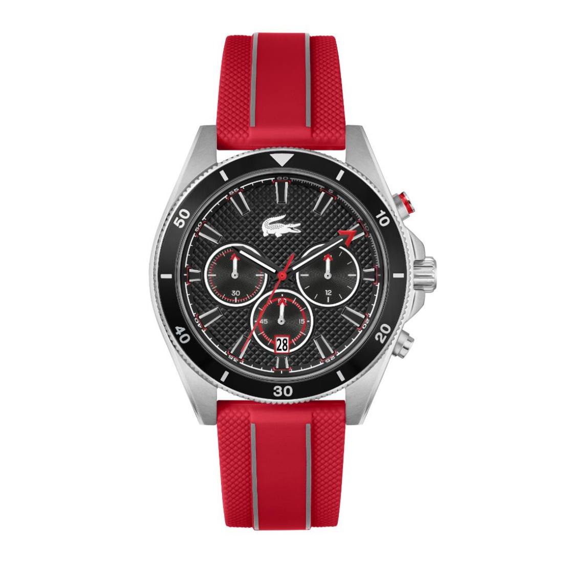 A luxury chronograph watch featuring a textured red silicone strap, a silver stainless steel case, and a black dial with three sub-dials and a red crocodile logo.