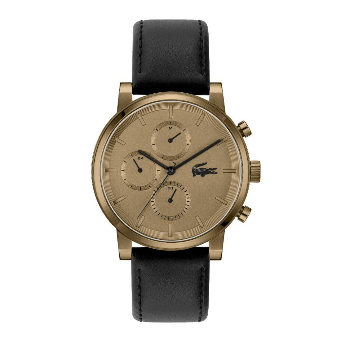 A luxury watch by Lacoste featuring a round bronze-toned case, a champagne-gold dial with three sub-dials, and a black leather strap, shown against a plain white background.