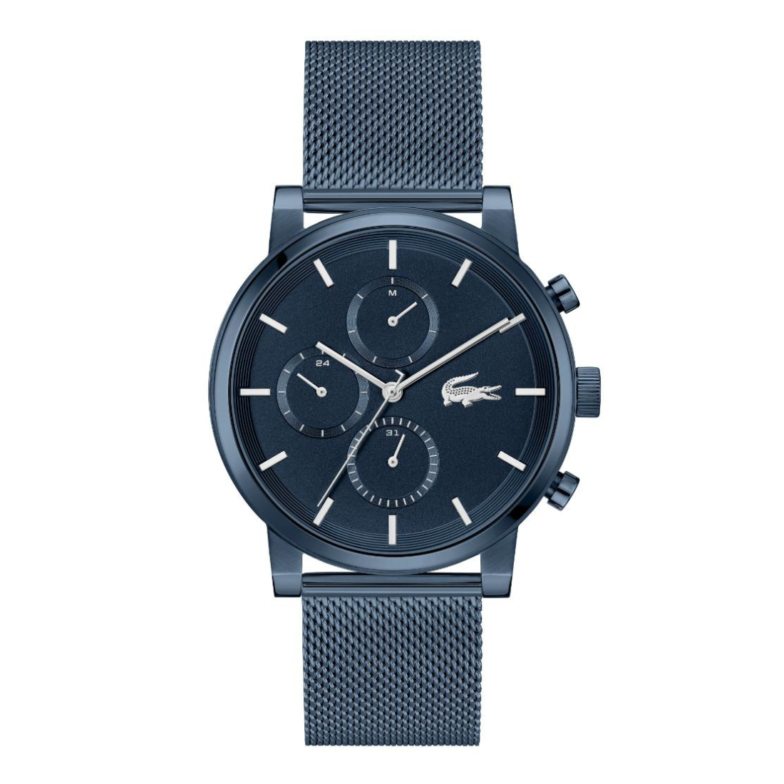 A luxury chronograph watch with a dark navy blue dial and matching mesh strap, featuring silver-tone indices and the iconic crocodile logo on the dial.