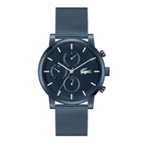A luxury chronograph watch with a dark navy blue dial and matching mesh strap, featuring silver-tone indices and the iconic crocodile logo on the dial.