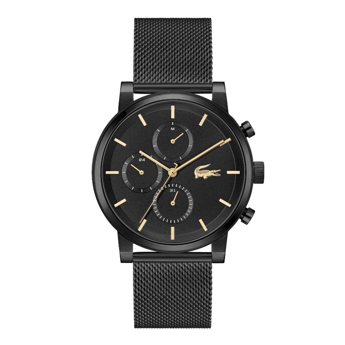 A black chronograph watch with a black mesh strap, featuring gold-tone hands, indices, and the Lacoste crocodile logo on the dial, set against a plain white background.