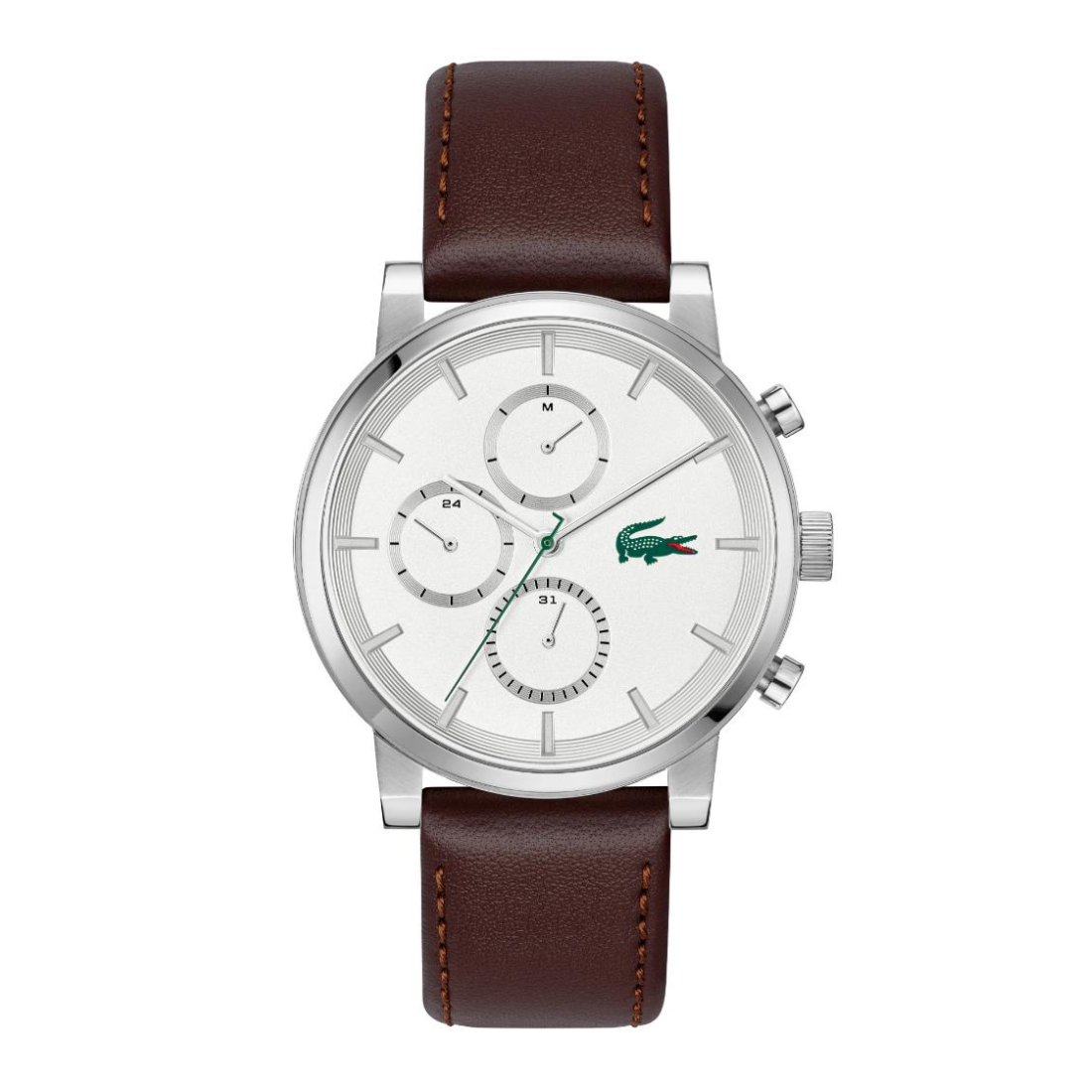 A luxury chronograph watch featuring a silver stainless steel case, a white dial with three sub-dials, and a brown leather strap with visible stitching. The green Lacoste crocodile logo is visible on the dial.