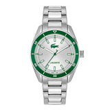 Lacoste stainless steel watch with a silver-tone metal link bracelet, a green bezel, and a white dial featuring the green Lacoste crocodile logo.