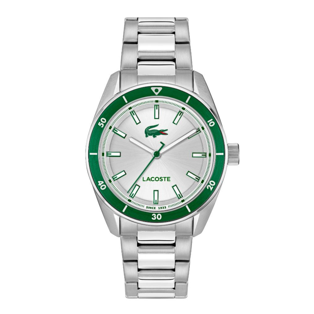 Lacoste stainless steel watch with a silver-tone metal link bracelet, a green bezel, and a white dial featuring the green Lacoste crocodile logo.
