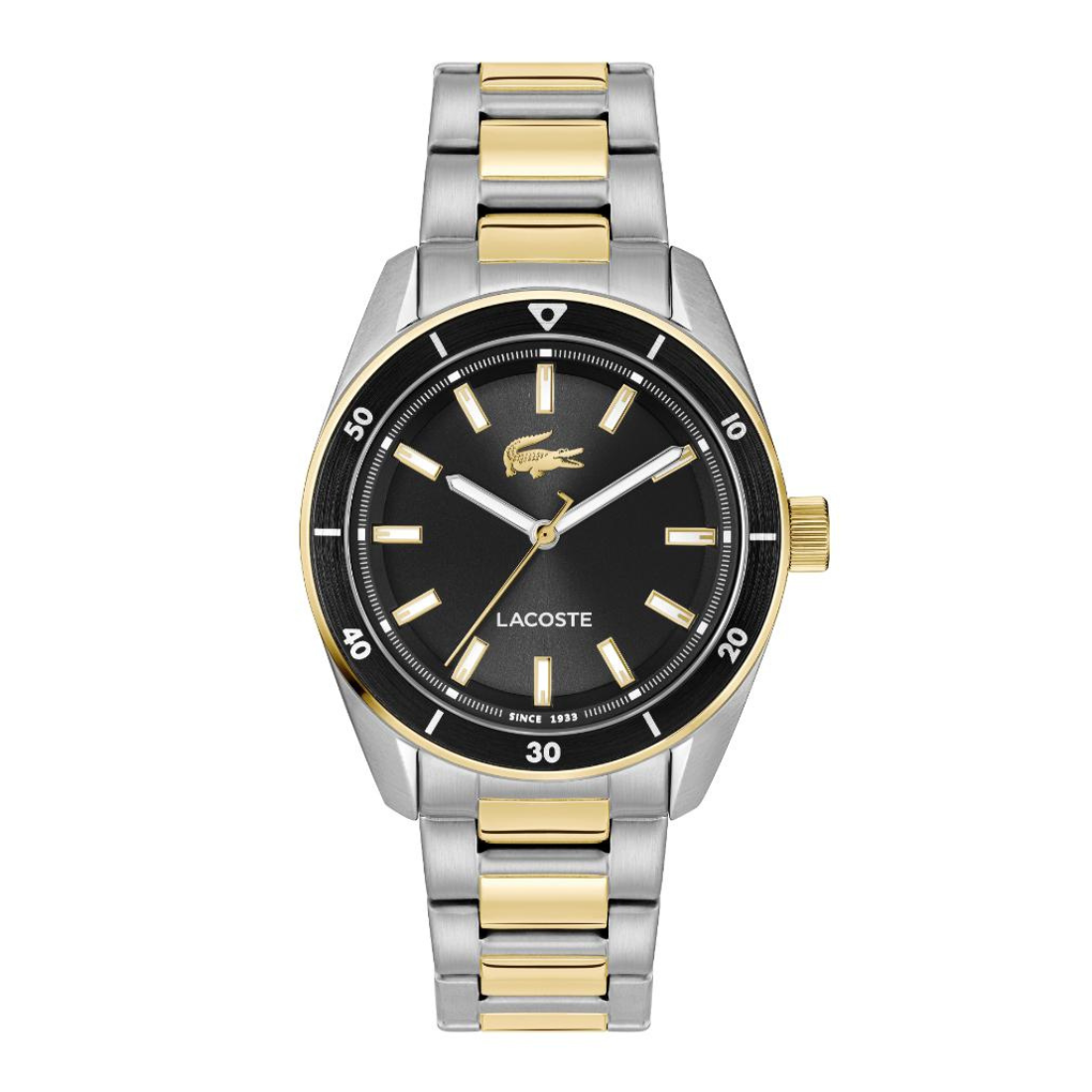 Lacoste two-tone stainless steel and gold watch with a black dial, black bezel, and matching two-tone link bracelet on a white background.