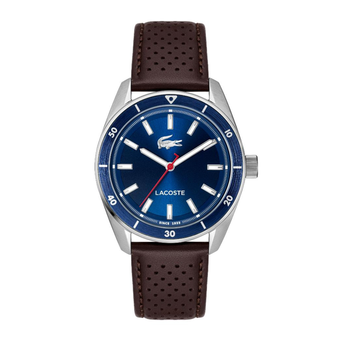 Lacoste watch with a blue dial, silver-tone stainless steel case, and a dark brown perforated leather strap, shown against a plain white background.