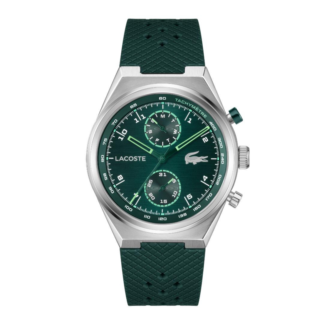 Lacoste chronograph watch with a silver-tone case, green dial, and textured dark green rubber strap, shown on a plain white background.