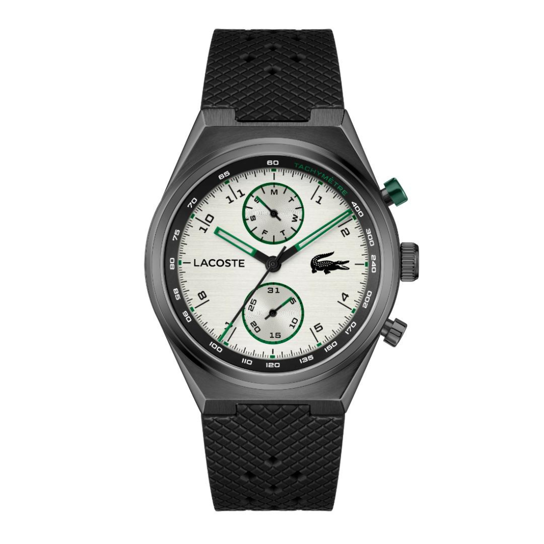 Lacoste chronograph watch with a black textured silicone strap, dark gray metal case, and a white dial with green accents.