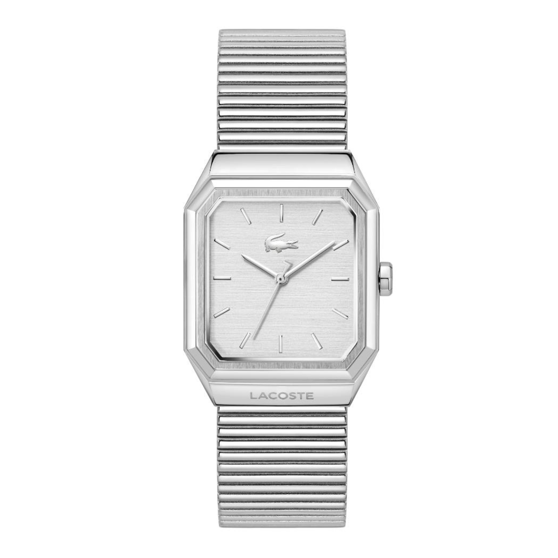 Lacoste silver-tone stainless steel watch with an octagonal bezel, matching silver dial, and a ribbed metal link bracelet, shown on a plain white background.