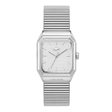 Lacoste silver-tone stainless steel watch with an octagonal bezel, matching silver dial, and a ribbed metal link bracelet, shown on a plain white background.