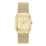 A gold-tone Lacoste watch with an octagonal bezel, matching gold dial, and a ribbed metal link bracelet, shown against a plain white background.