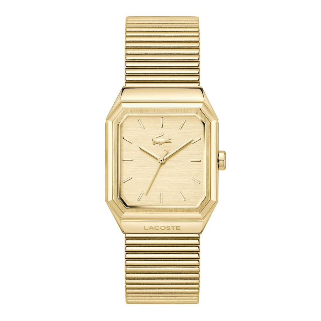 A gold-tone Lacoste watch with an octagonal bezel, matching gold dial, and a ribbed metal link bracelet, shown against a plain white background.