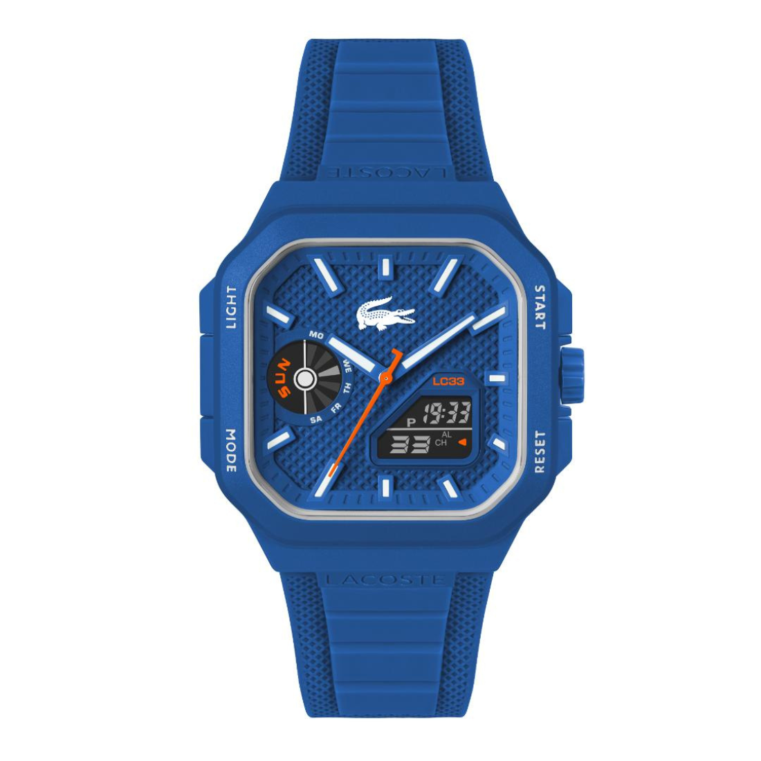 A blue Lacoste digital watch with a textured silicone strap, featuring a blue textured dial with white indices, an orange second hand, and a small digital display.