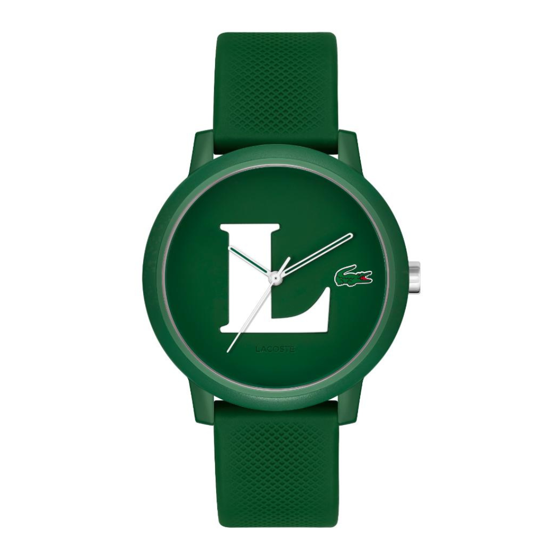 A green Lacoste watch with a matching green silicone strap, featuring a white 'L' logo and the crocodile emblem on the dial, set against a plain white background.