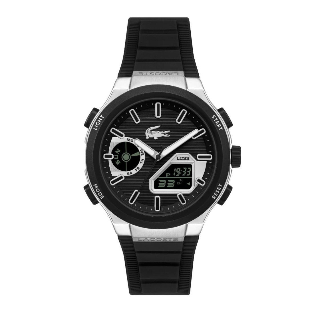 A Lacoste LC03 digital-analog watch with a black textured strap, black dial, and silver-tone stainless steel case on a white background.