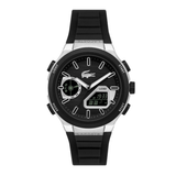 A Lacoste LC03 digital-analog watch with a black textured strap, black dial, and silver-tone stainless steel case on a white background.