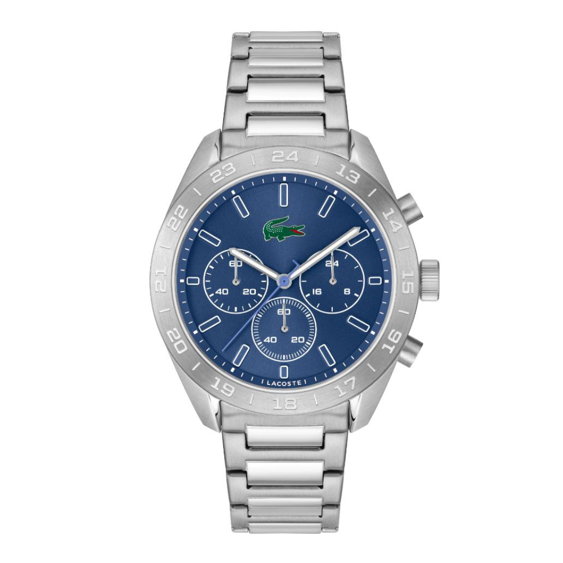 A silver-tone stainless steel chronograph watch by Lacoste with a blue dial, blue bezel, silver-tone case, and matching steel link bracelet. The dial features the iconic green crocodile logo at the 12 o'clock position.