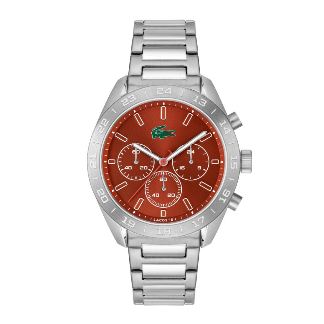A silver-tone stainless steel chronograph watch by Lacoste with a vibrant orange-red dial, featuring three sub-dials and the iconic green crocodile logo at the 12 o'clock position.