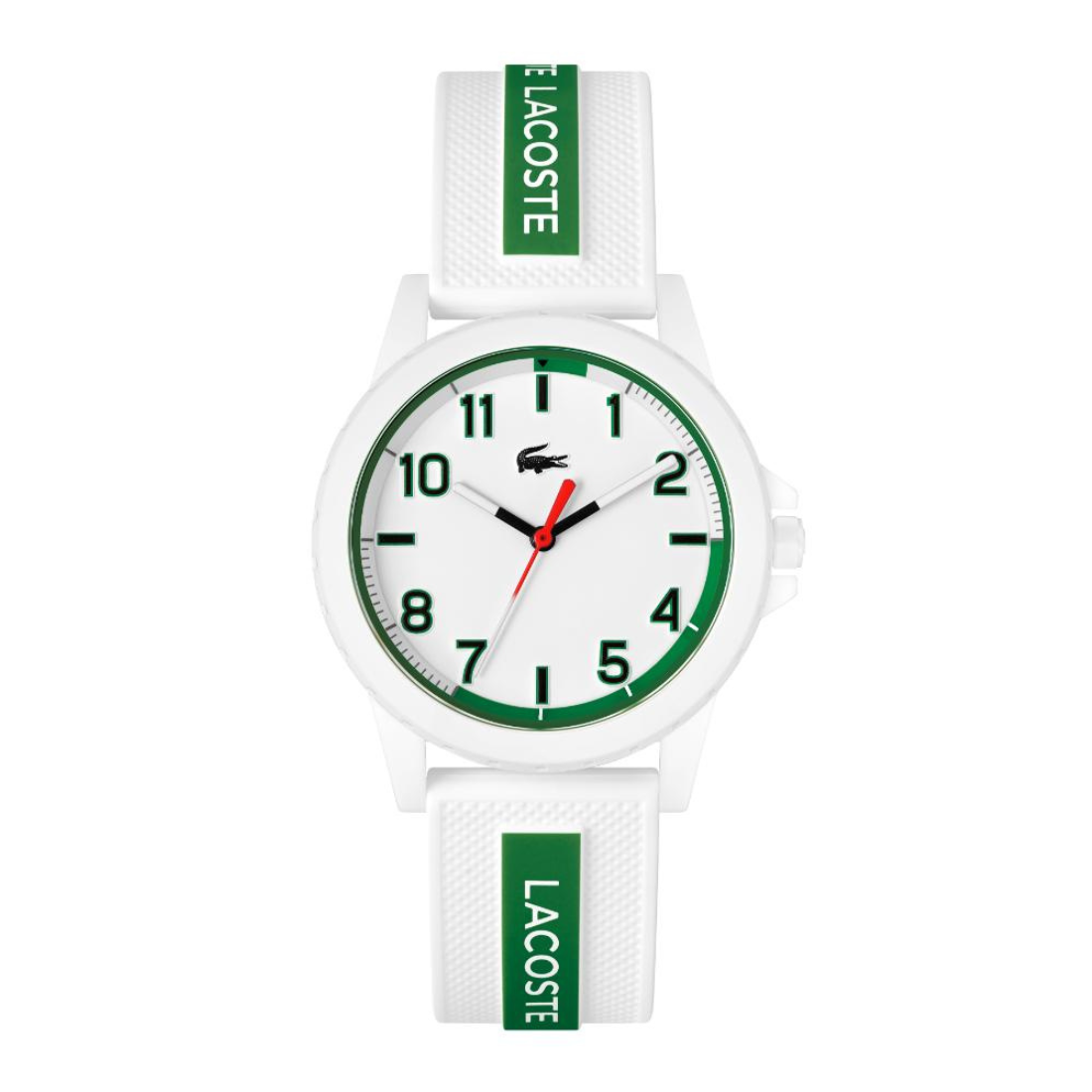 A Lacoste analog watch with a white case, white dial, green inner bezel ring, and a white strap featuring green vertical bands with the brand name printed in white.