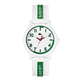 A Lacoste analog watch with a white case, white dial, green inner bezel ring, and a white strap featuring green vertical bands with the brand name printed in white.