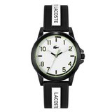 Lacoste watch with black strap and white face on a white background