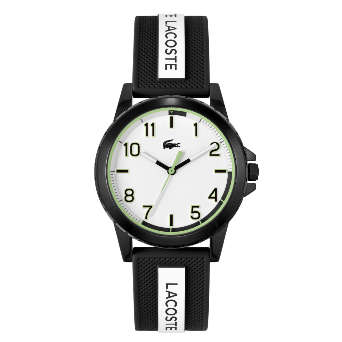 Lacoste watch with black strap and white face on a white background