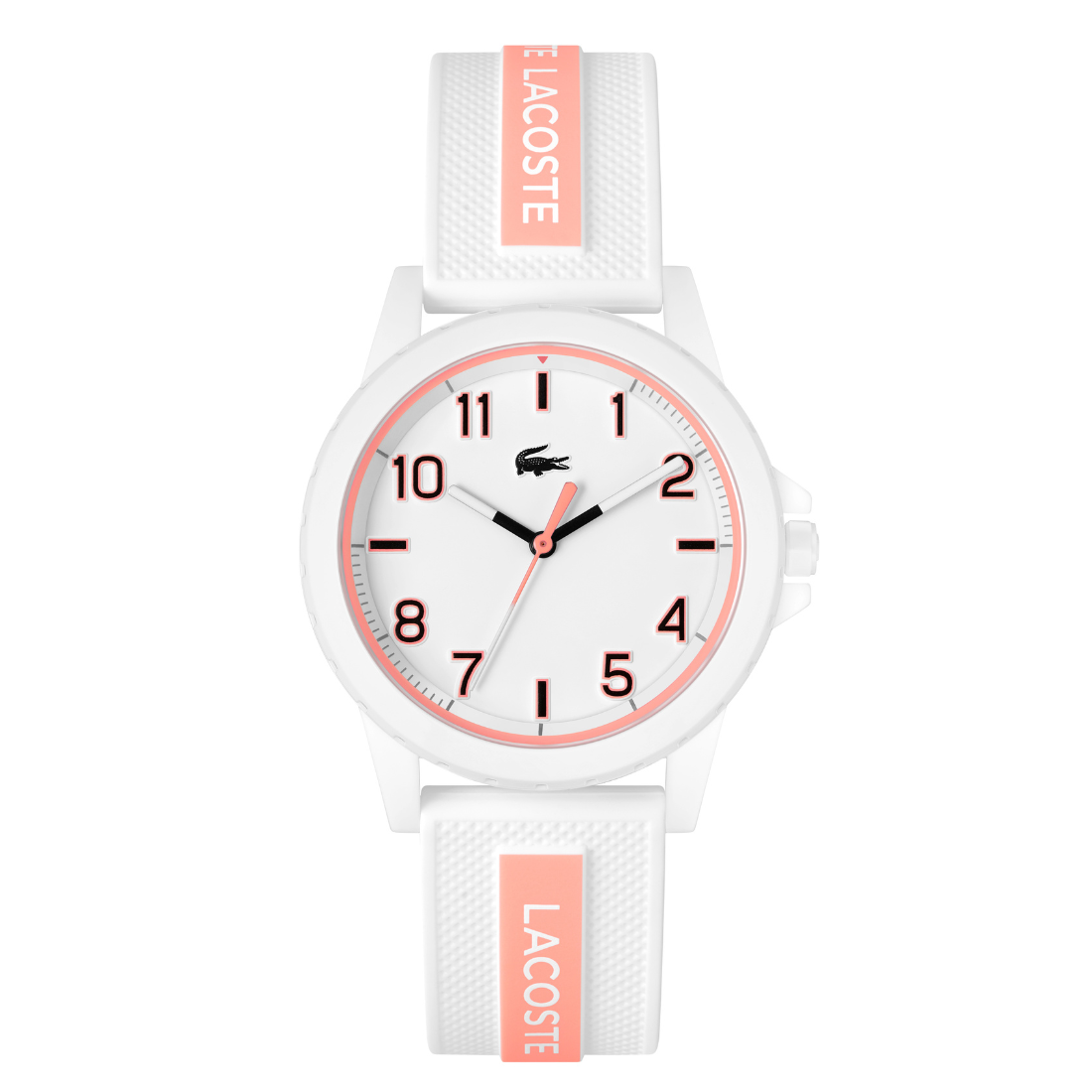 Lacoste watch with white and pink strap on a white background