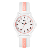 Lacoste watch with white and pink strap on a white background