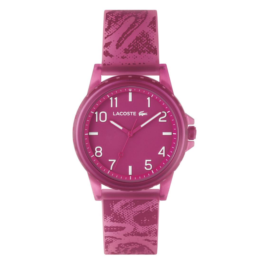 Pink Lacoste watch with a patterned strap on a white background