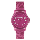 Pink Lacoste watch with a patterned strap on a white background