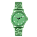 Green watch with matching strap on a white background