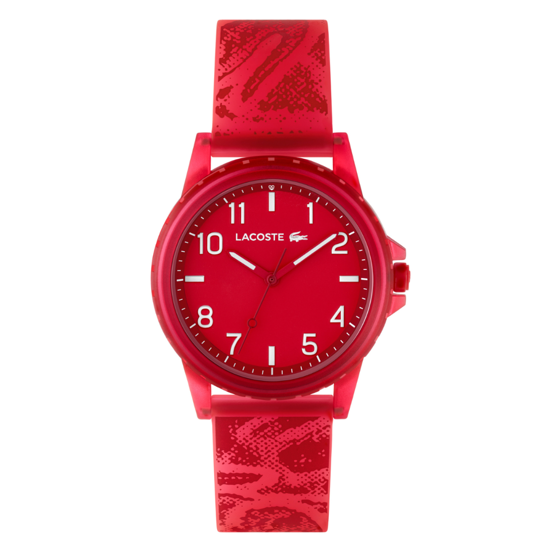 Red Lacoste watch with a white background