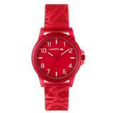 Red Lacoste watch with a white background