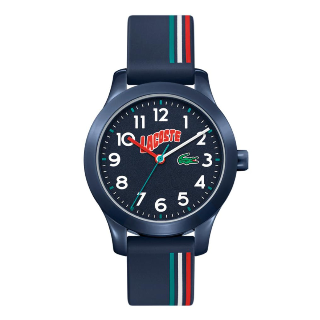 A Lacoste kids' analog watch with a dark blue case, a black dial featuring white Arabic numerals and a red Lacoste logo, and a navy blue strap with red, white, and green stripes.