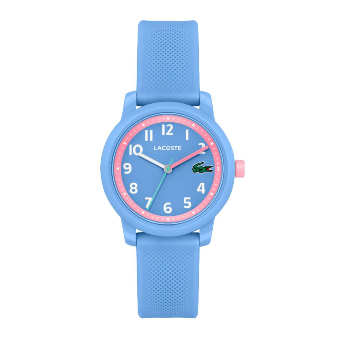 A Lacoste kids' watch with a light blue silicone strap and case, featuring a blue dial with a pink inner ring, white Arabic numerals, and a green crocodile logo.