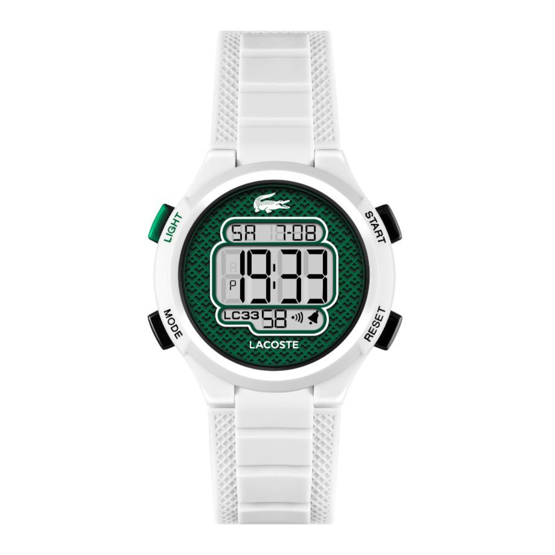 A Lacoste digital watch with a white textured silicone strap, a white bezel, and a green textured dial. The watch features black side buttons with white text ('LIGHT', 'MODE', 'START', 'RESET') and a green 'LIGHT' button accent.