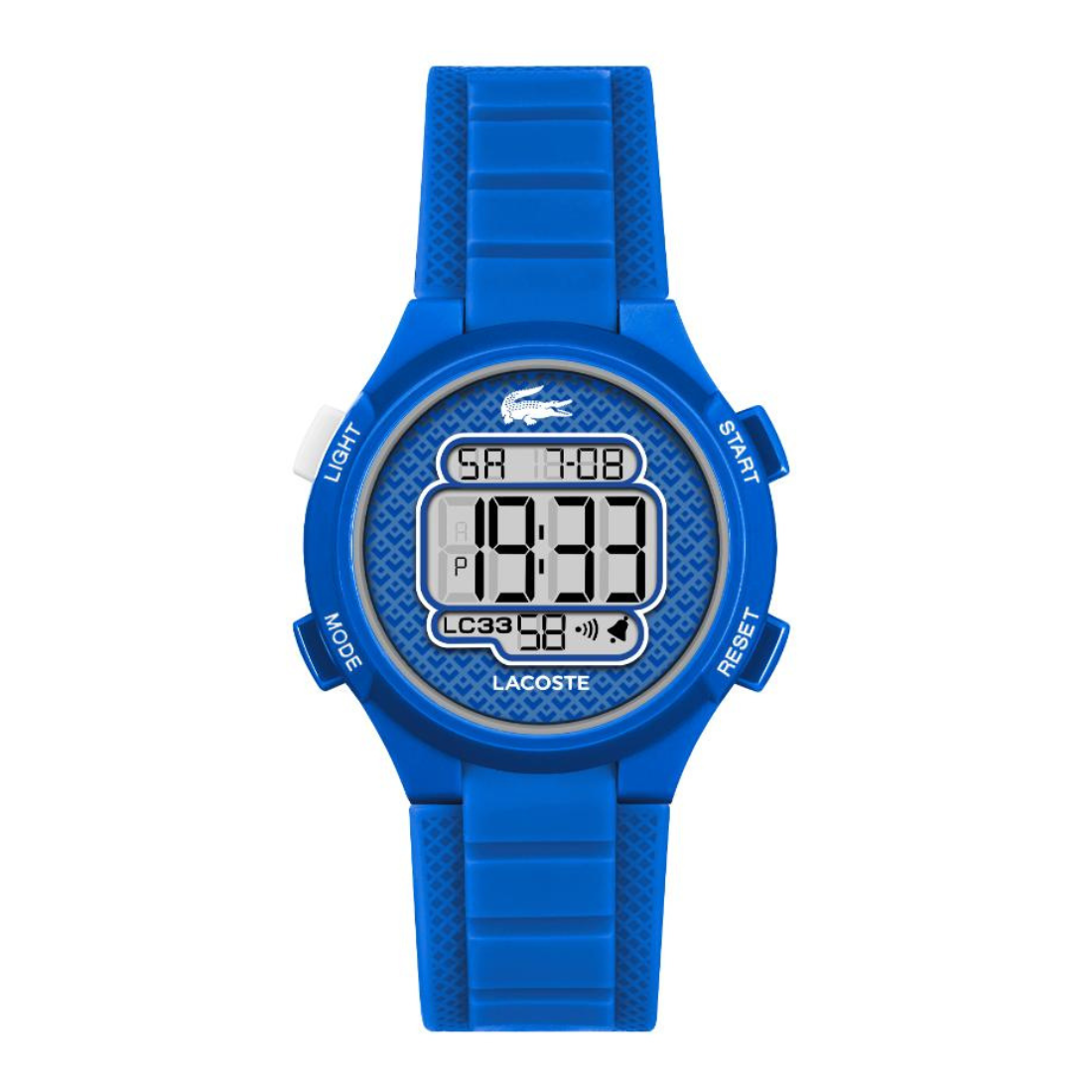 A Lacoste digital watch with a bright blue silicone strap and matching blue case, featuring a white digital display and white text labels on the side buttons.