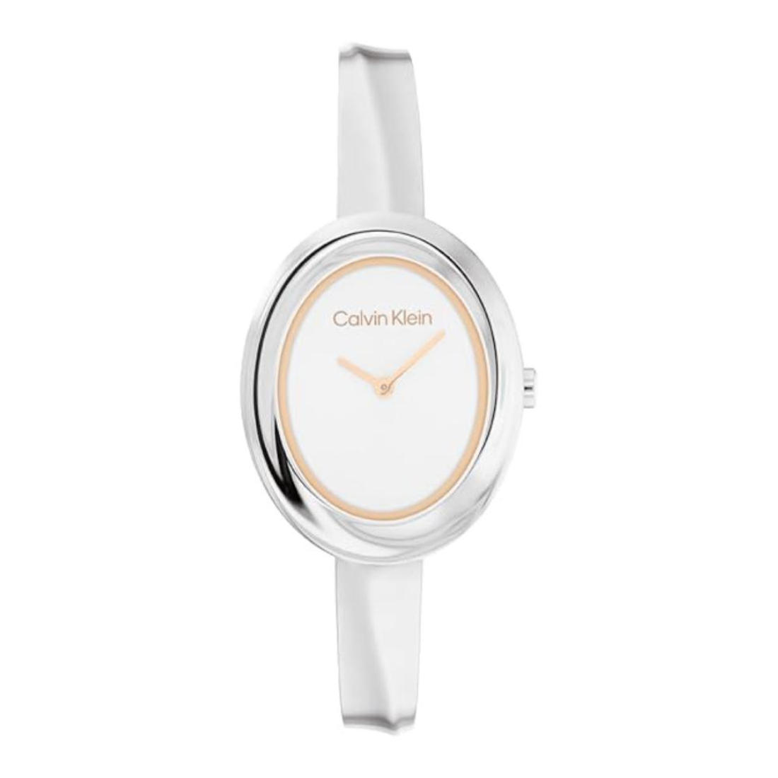 Calvin Klein women's watch featuring a silver-tone oval case, a white dial with a thin gold-tone ring and gold-tone hands, and a matching silver-tone silicone strap, shown against a plain white background.