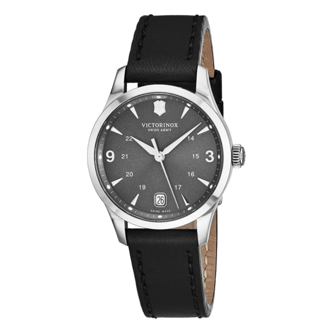 Victorinox watch with black leather strap and gray dial on a white background