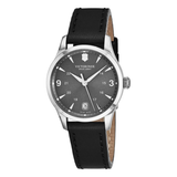 Victorinox watch with black leather strap and gray dial on a white background