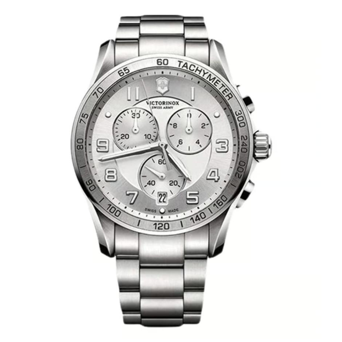 Silver wristwatch with multiple sub-dials on a white background