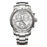 Silver wristwatch with multiple sub-dials on a white background