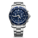 Silver and blue watch with visible brand name on a white background
