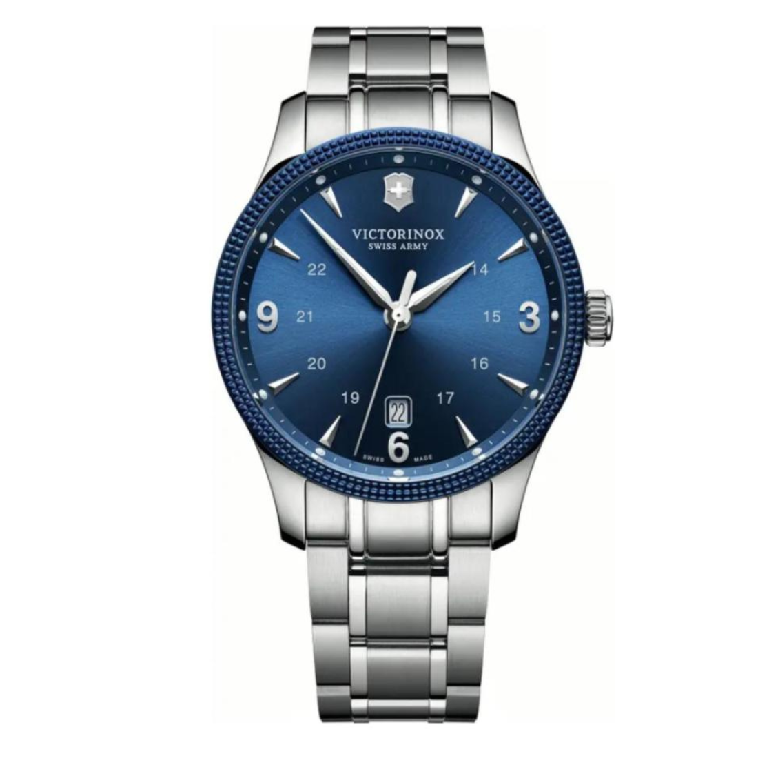 Victorinox watch with blue dial and silver bracelet on a white background